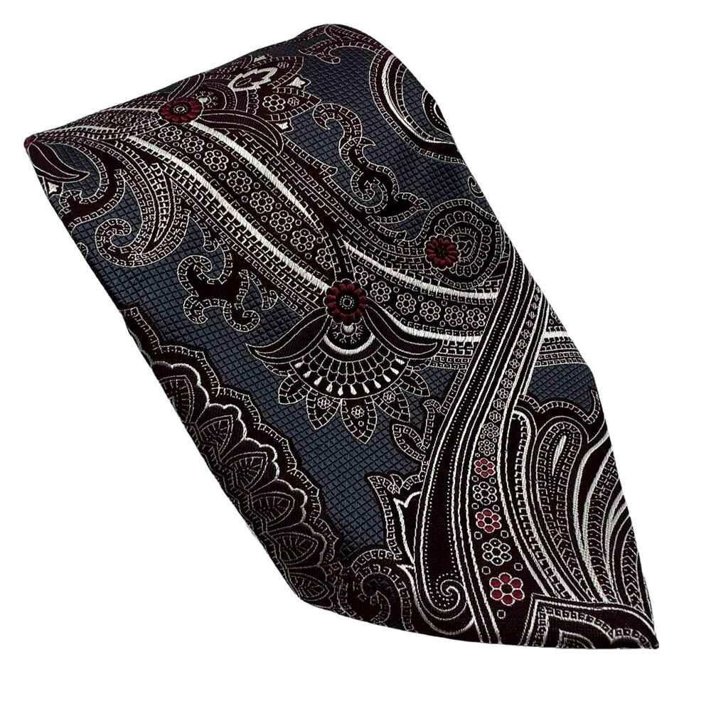 Ermenegildo Zegna 100% Silk XL Made In Italy Paisley Floral Burgundy Red Gray